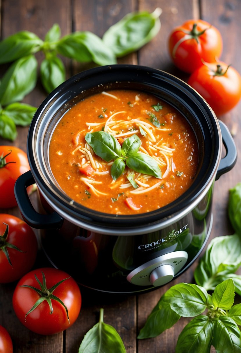 A bubbling crock pot filled with creamy tomato basil soup, surrounded by fresh tomatoes and basil leaves