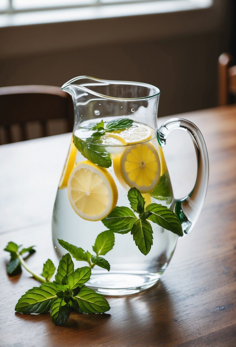 A glass pitcher filled with water, slices of lemon, and sprigs of fresh mint, sitting on a wooden table