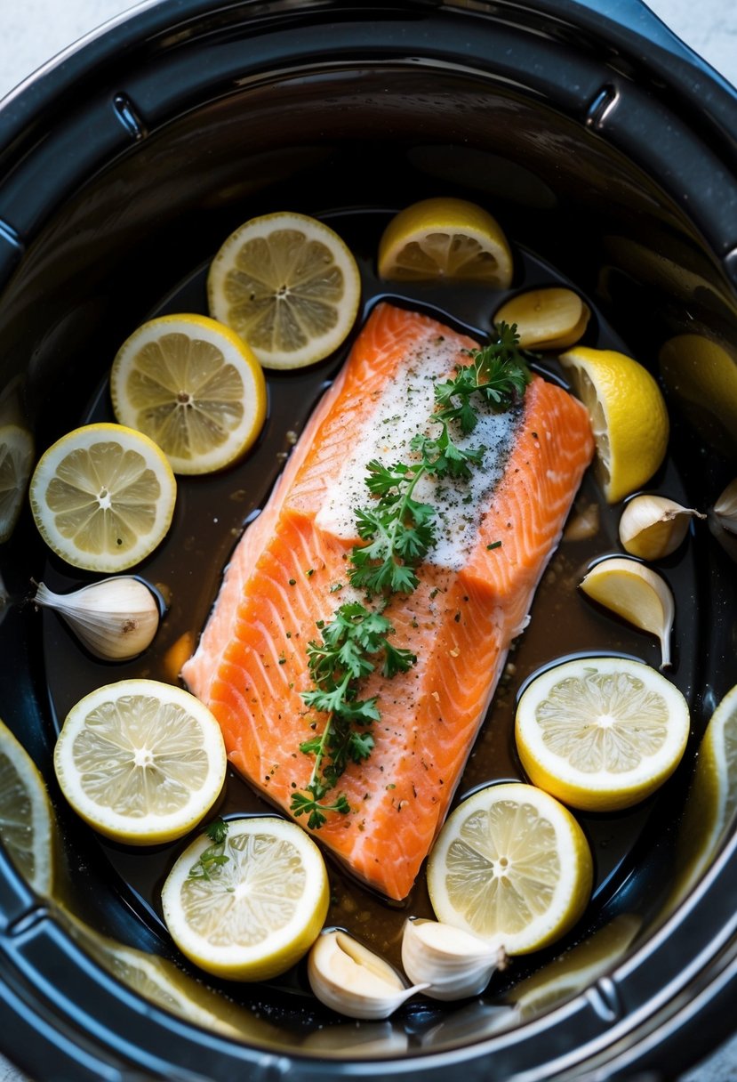 A salmon fillet surrounded by lemon slices and garlic cloves, all sitting in a crock pot