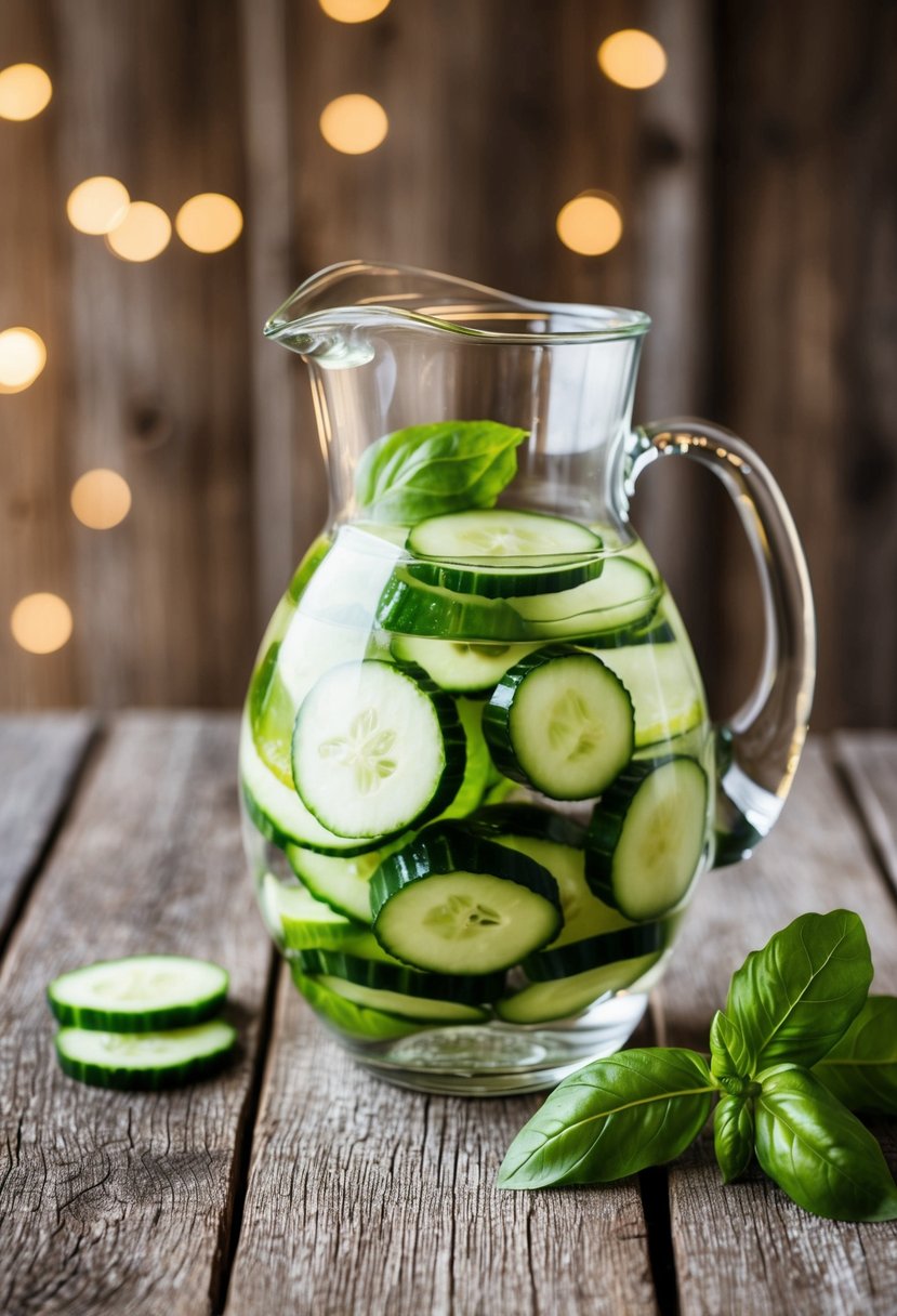 A glass pitcher filled with water, cucumber slices, and basil leaves, sitting on a rustic wooden table