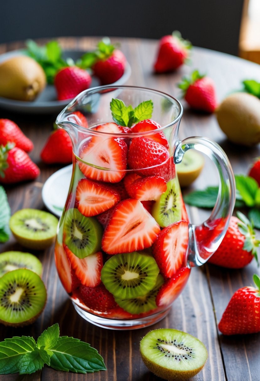 A glass pitcher filled with sliced strawberries and kiwi, surrounded by fresh fruit and mint leaves on a wooden table