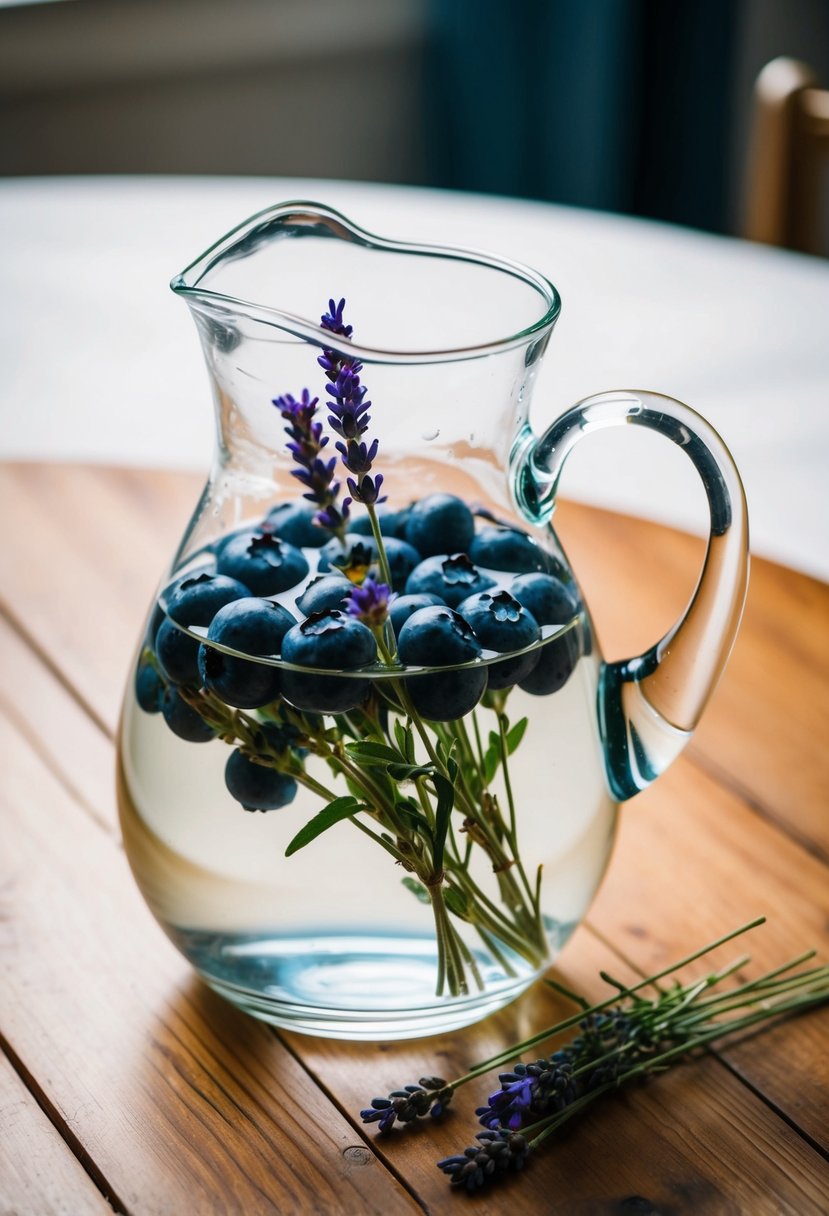 A glass pitcher filled with water, blueberries, and lavender sprigs on a wooden table