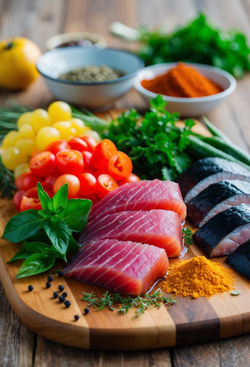 A colorful array of fresh tuna, herbs, and spices on a wooden cutting board