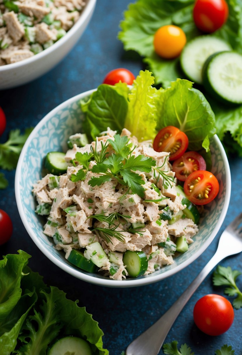 A bowl of tuna salad with fresh herbs, surrounded by colorful ingredients like cherry tomatoes, cucumber slices, and vibrant lettuce leaves