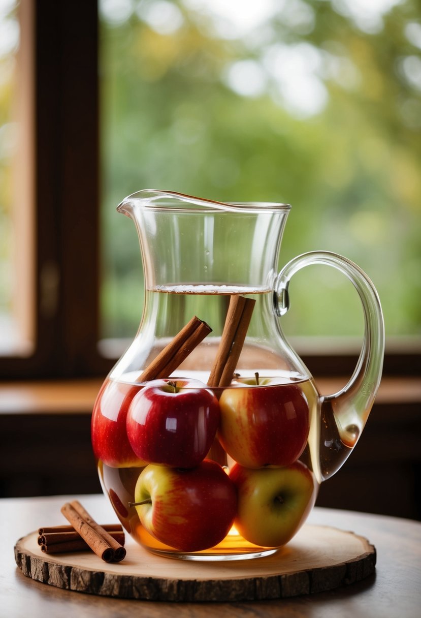 Fresh red apples and cinnamon sticks float in a clear glass pitcher of water, creating a refreshing and aromatic infusion