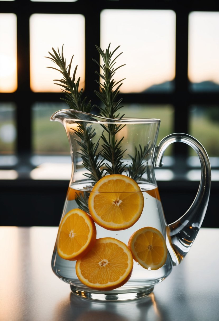 A glass pitcher filled with water, slices of fresh oranges, and sprigs of rosemary floating inside