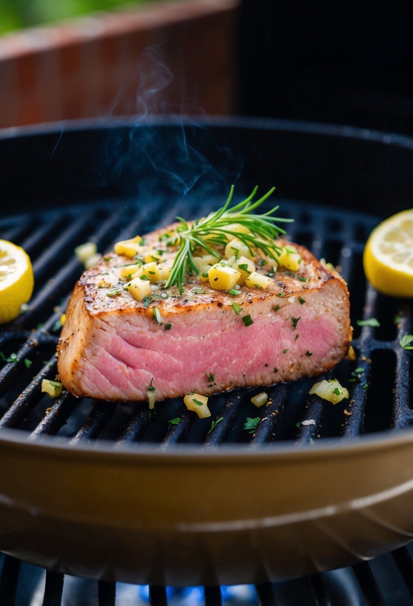 A sizzling tuna steak seasoned with garlic and herbs on a hot grill