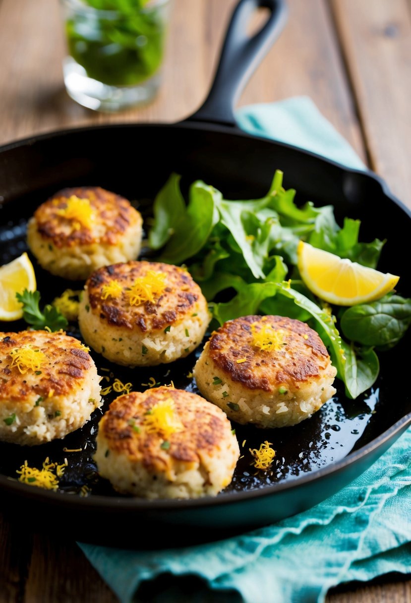 A sizzling skillet with golden-brown tuna patties sprinkled with fresh lemon zest. A side of vibrant green salad completes the plate