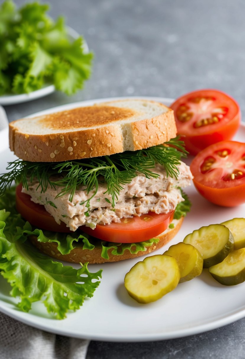 A classic tuna sandwich with dill, surrounded by fresh lettuce, ripe tomatoes, and a side of crunchy pickles on a clean white plate