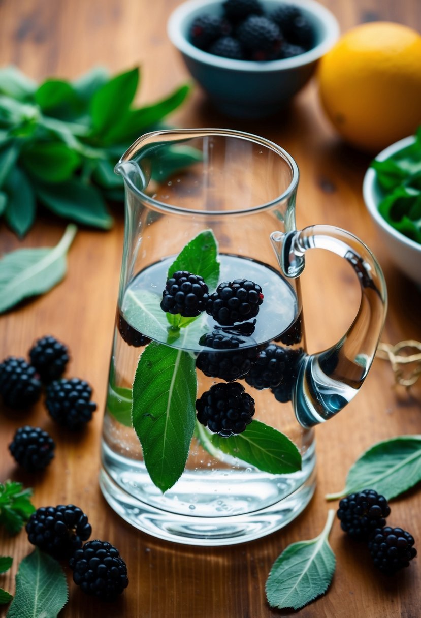 A glass pitcher filled with water, blackberries, and sage leaves sits on a wooden table, surrounded by fresh ingredients