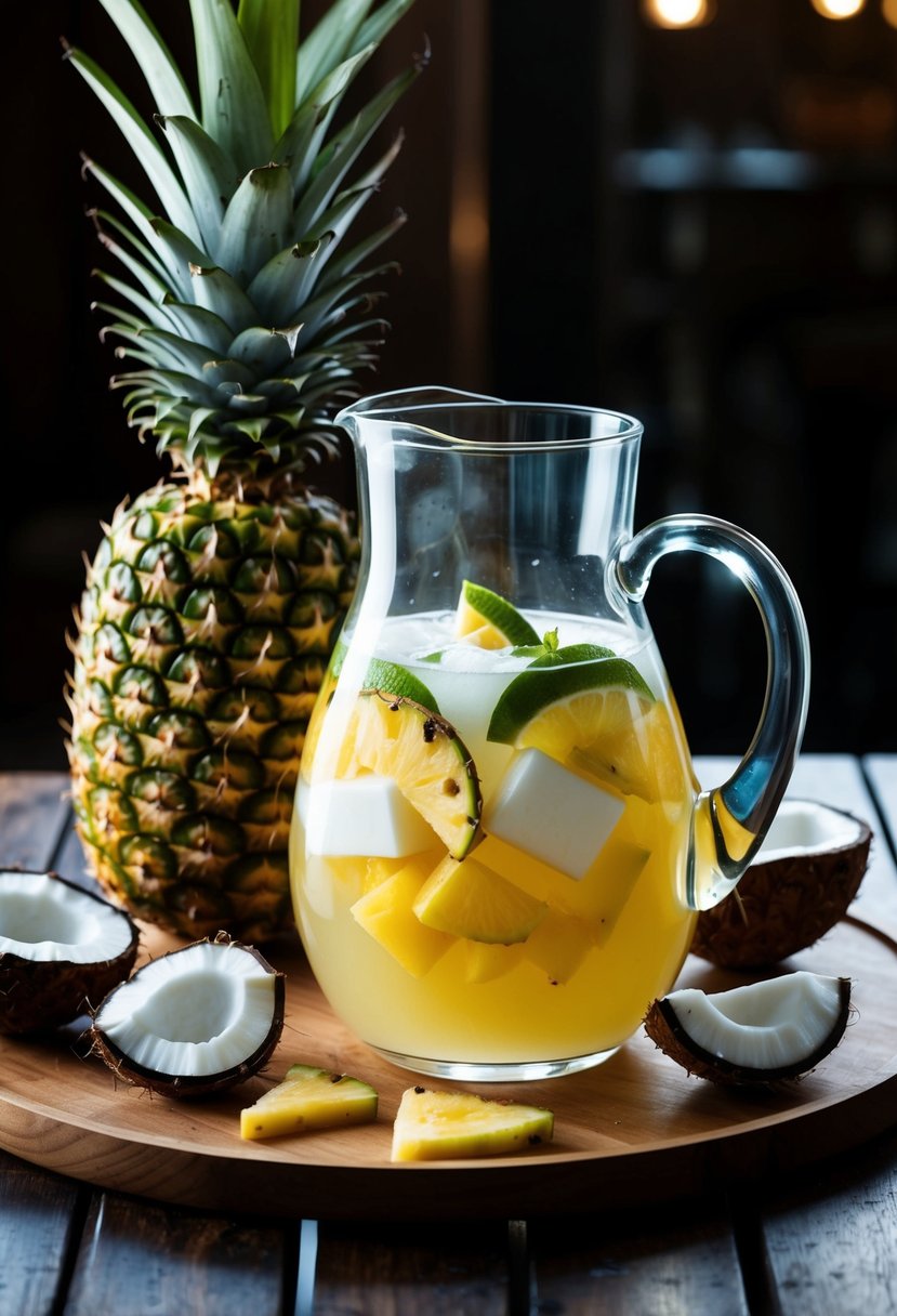 A glass pitcher filled with pineapple and coconut infused water surrounded by fresh fruit and coconut slices on a wooden table