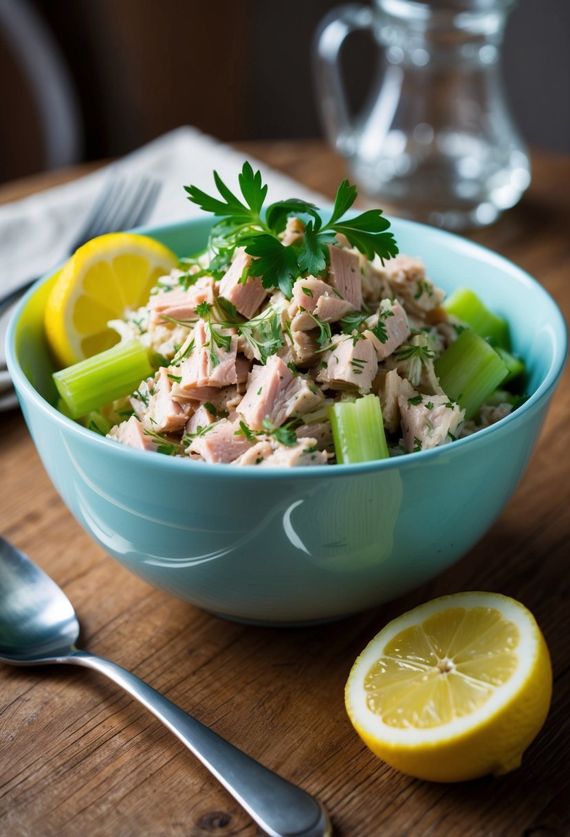 A bowl of tuna and celery salad with a light vinaigrette dressing, garnished with fresh herbs and lemon wedges, sits on a wooden table