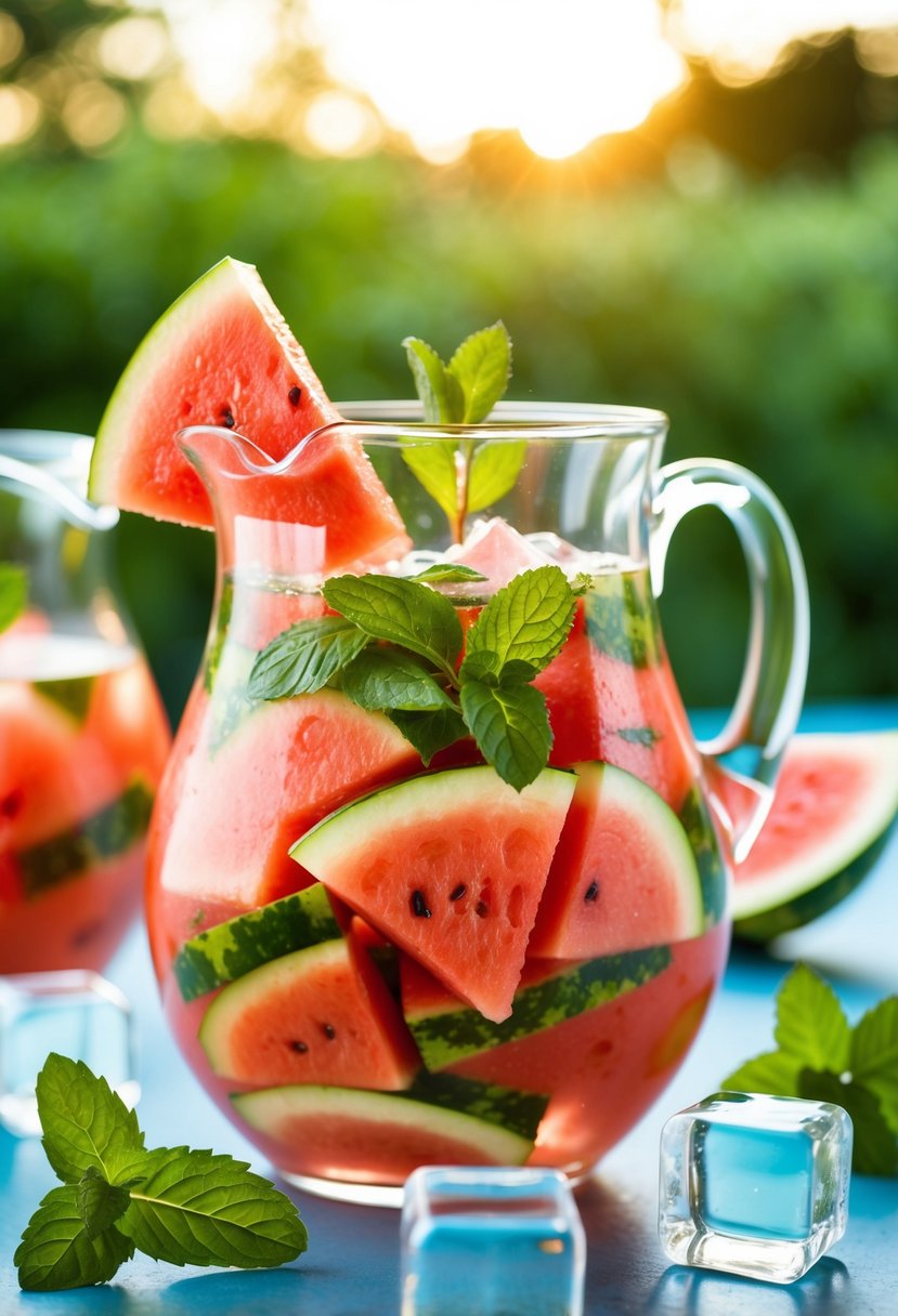 A glass pitcher filled with watermelon slices and fresh mint leaves, surrounded by ice cubes and a sprig of mint