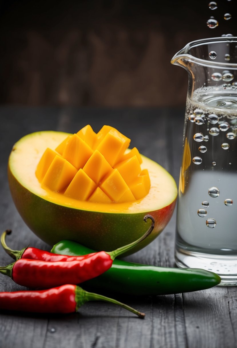 A ripe mango and spicy chili peppers sitting next to a pitcher of water, with bubbles rising to the surface