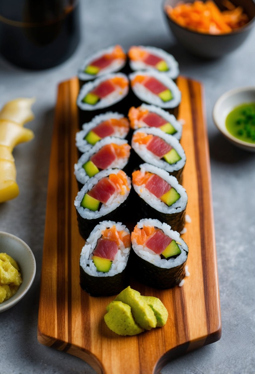 A wooden sushi board with neatly arranged spicy tuna sushi rolls, surrounded by pickled ginger and wasabi