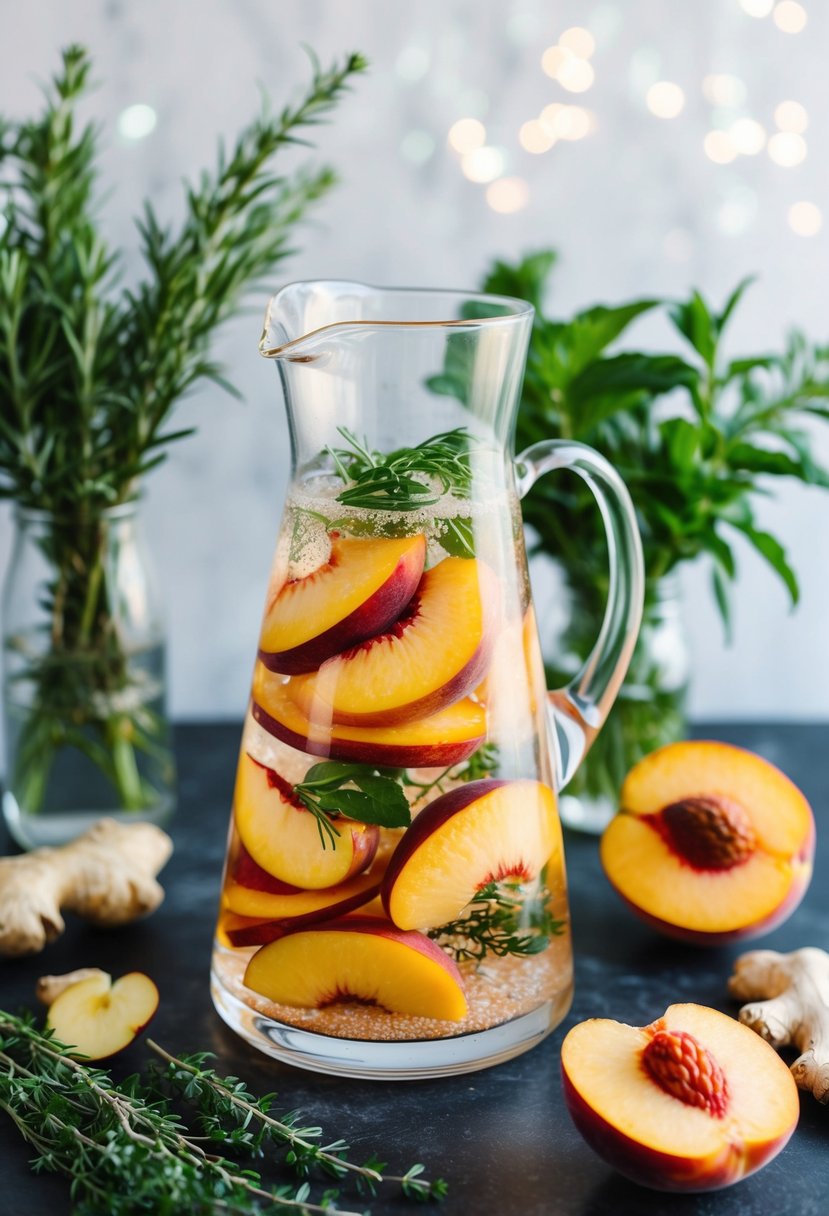 A glass pitcher filled with sliced peaches and ginger, surrounded by fresh herbs and sparkling water