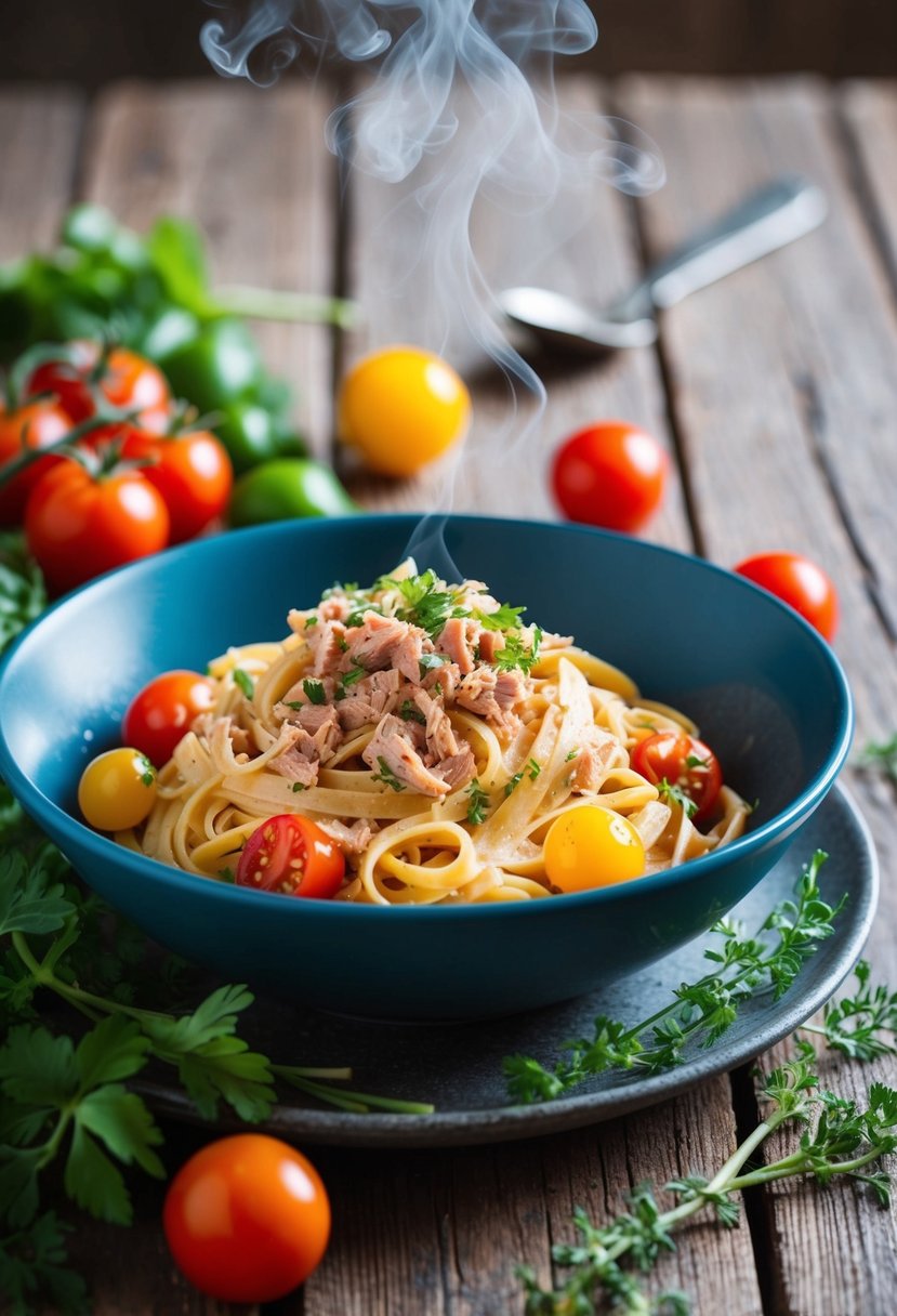 A steaming bowl of Mediterranean tuna pasta sits on a rustic wooden table, surrounded by fresh herbs and colorful cherry tomatoes