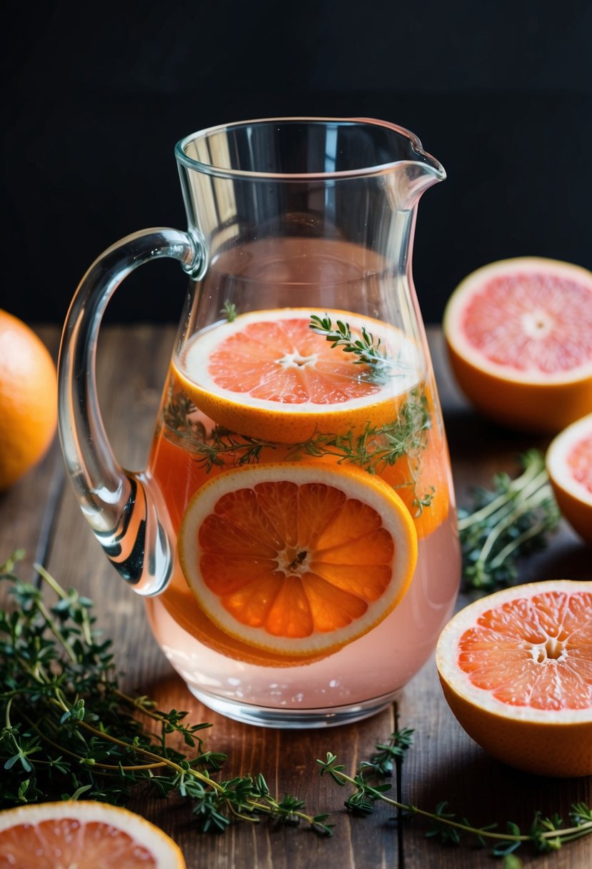 A glass pitcher filled with grapefruit and thyme-infused water surrounded by fresh grapefruits and sprigs of thyme on a wooden table