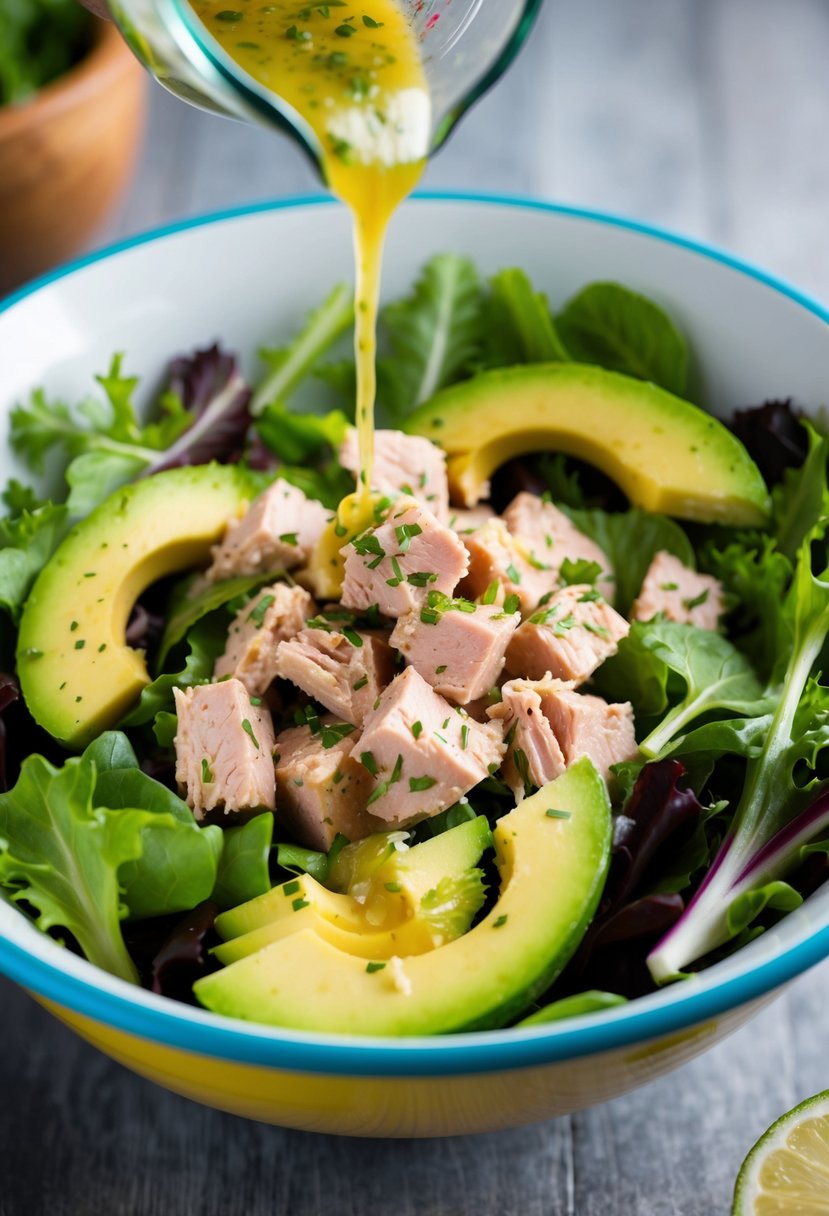 A colorful salad bowl filled with chunks of tuna, ripe avocado slices, and mixed greens, drizzled with a light vinaigrette