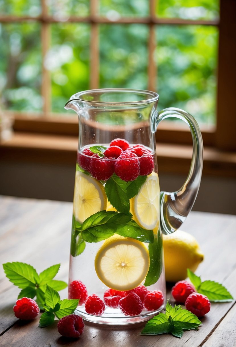 A glass pitcher filled with raspberry and lemon balm infused water surrounded by fresh raspberries and lemon balm leaves on a wooden table