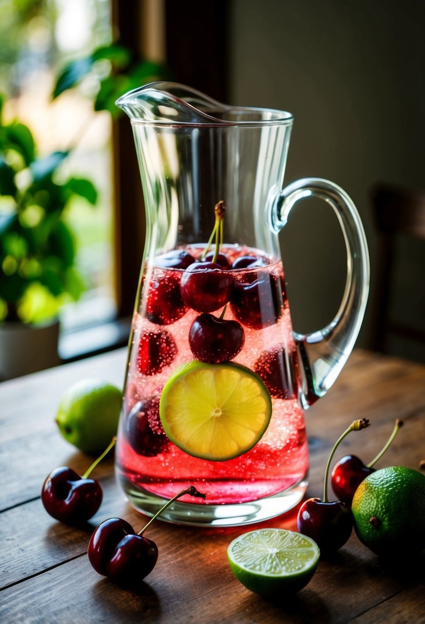 A glass pitcher filled with cherry and lime sparkle water surrounded by fresh cherries and limes on a wooden table