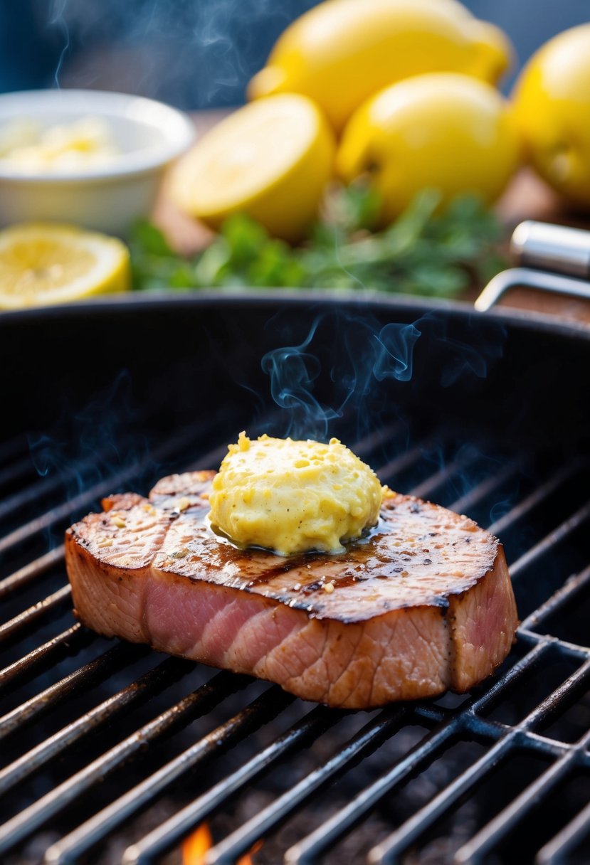 A sizzling tuna steak, topped with a generous dollop of lemon butter, grilling on a hot barbecue