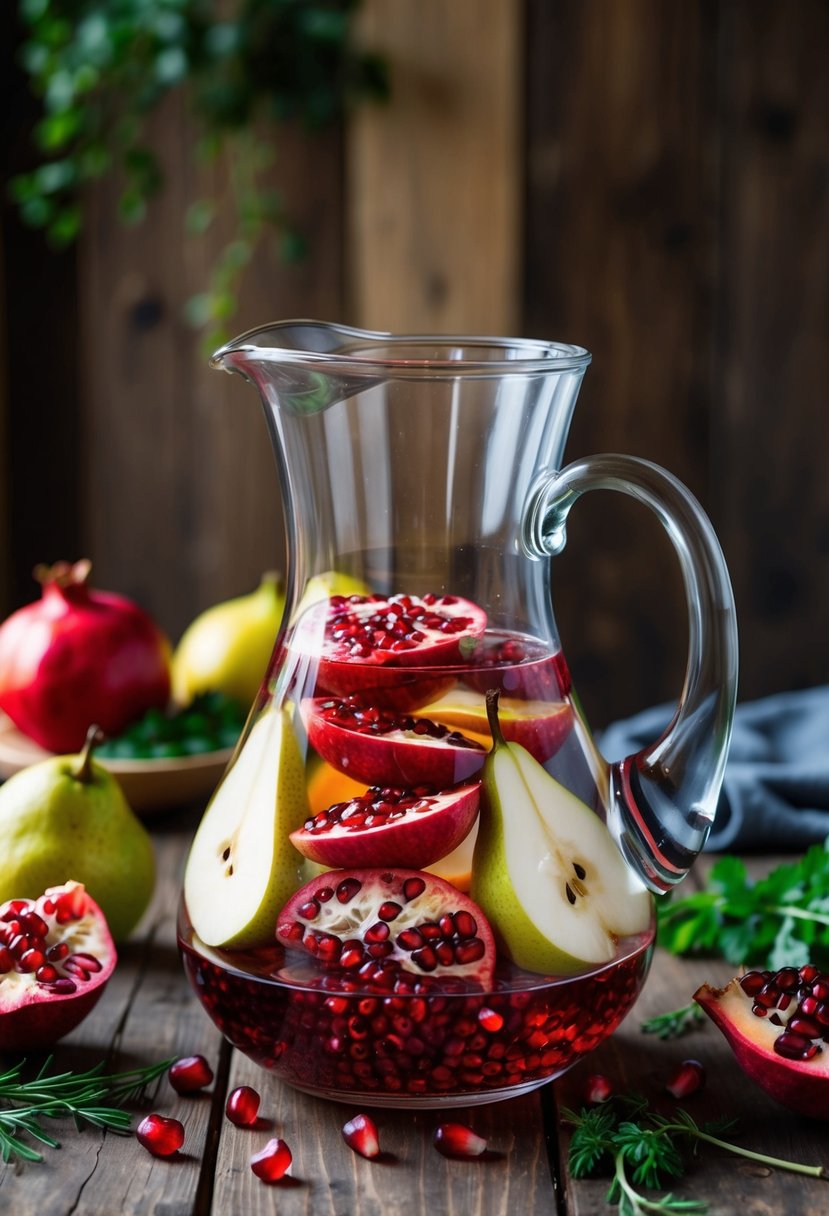 A glass pitcher filled with sliced pomegranate and pear floating in water, surrounded by fresh fruit and herbs on a wooden table