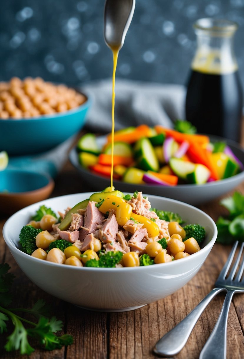 A bowl of tuna and chickpea salad with colorful vegetables and a drizzle of dressing