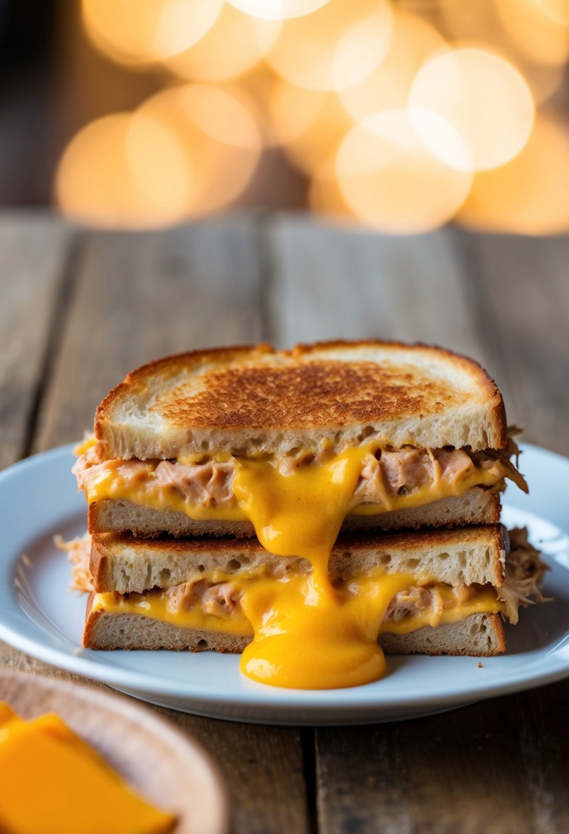 A golden-brown tuna melt with melted cheddar cheese oozing out from between two slices of toasted bread