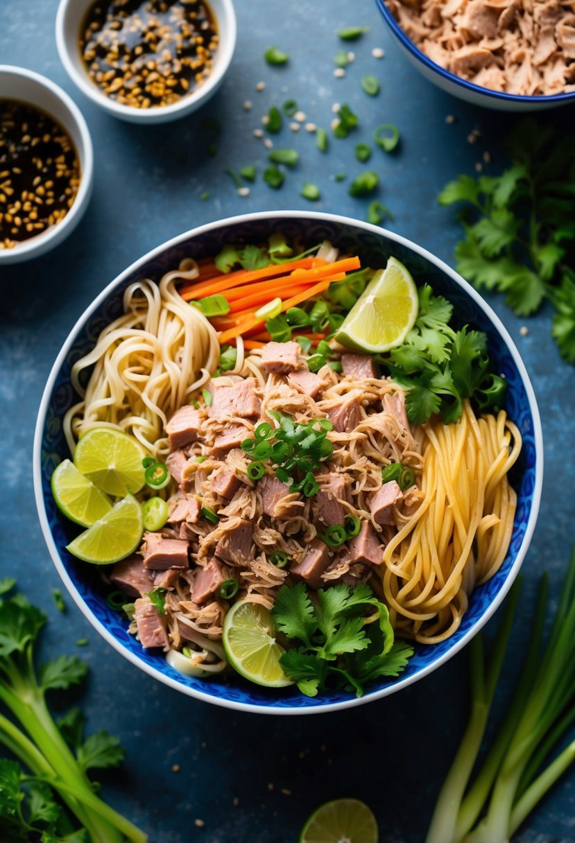 A colorful bowl of Asian Tuna Noodle Salad surrounded by fresh ingredients like tuna, noodles, vegetables, and flavorful dressing