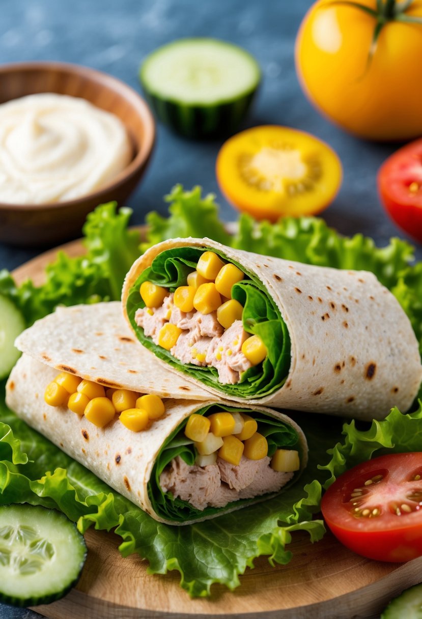 A colorful tuna and sweetcorn wrap, surrounded by fresh ingredients like lettuce, tomatoes, and cucumbers, with a dollop of mayonnaise on the side