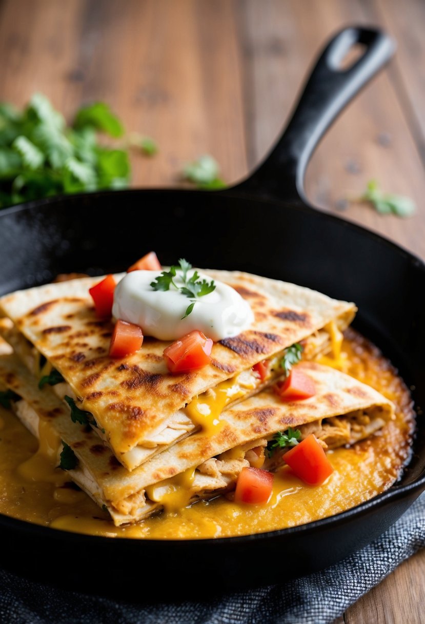 A sizzling skillet with a golden-brown chicken quesadilla, topped with melted cheese, diced tomatoes, and a dollop of sour cream