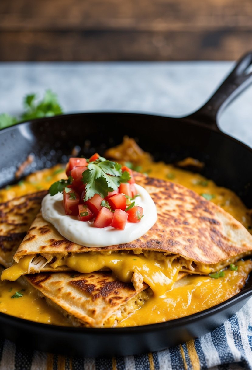 A sizzling skillet with a golden-brown chicken quesadilla, oozing with melted cheese and topped with fresh salsa and a dollop of sour cream