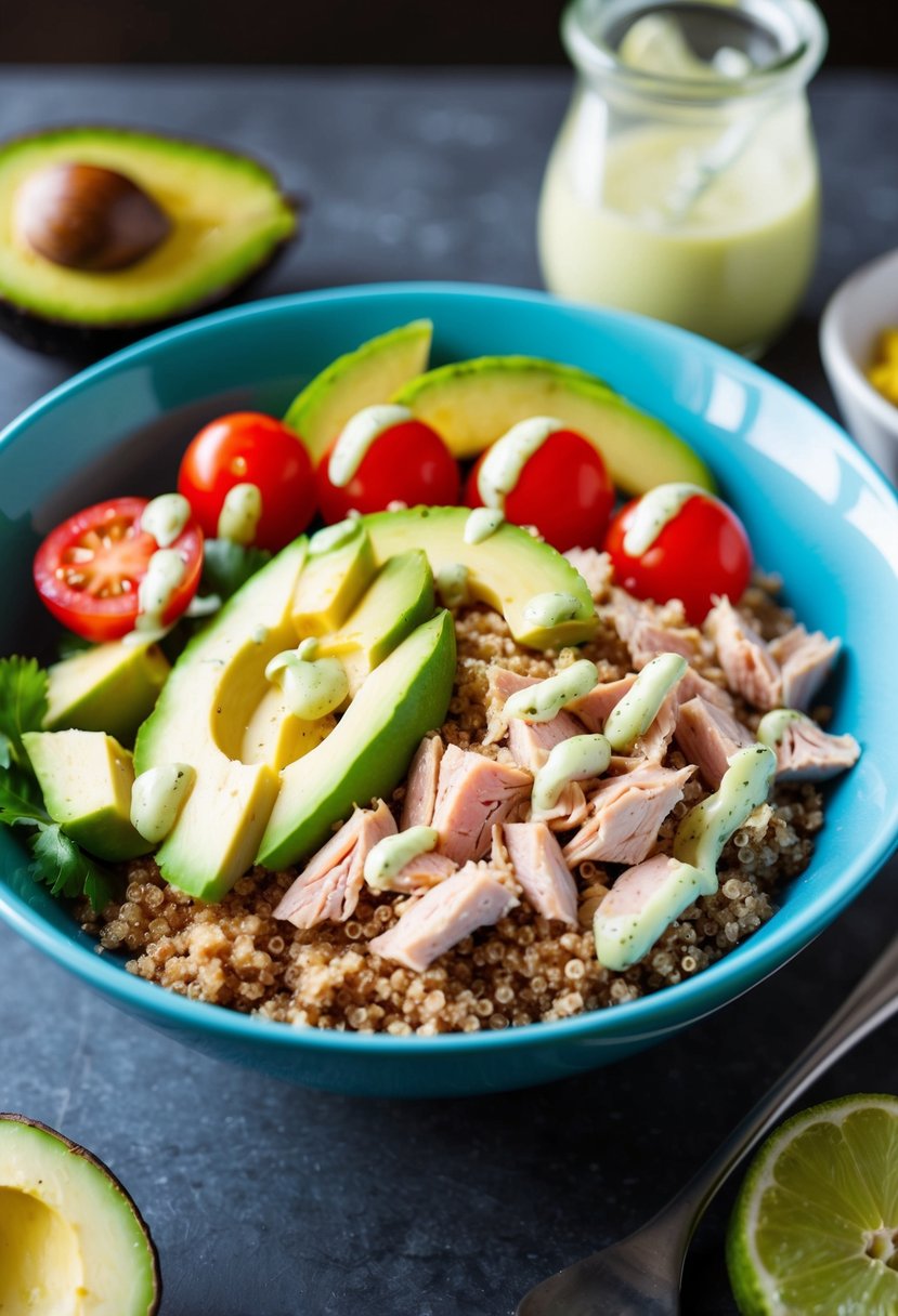 A colorful bowl filled with cooked quinoa, topped with flaked tuna, sliced avocado, cherry tomatoes, and drizzled with a tangy dressing