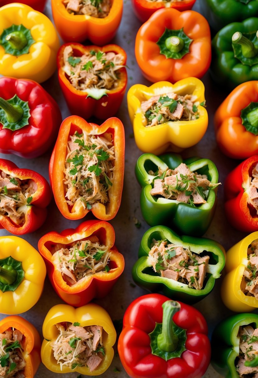 A colorful array of bell peppers, each one sliced in half and filled with a savory mixture of tuna, herbs, and spices