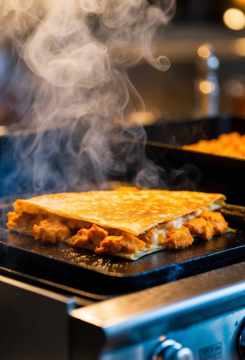 A sizzling hot Buffalo chicken quesadilla being cooked on a griddle, with steam rising and the spicy aroma filling the air