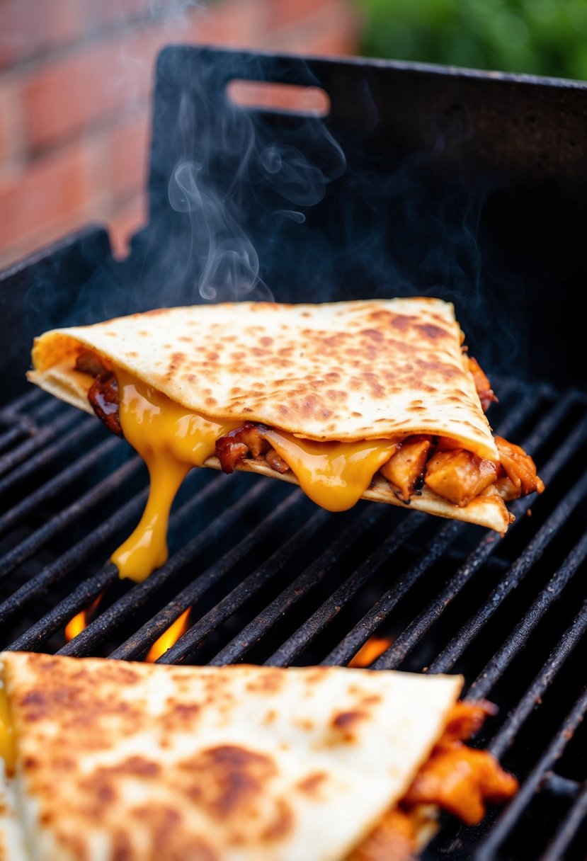 A sizzling BBQ chicken quesadilla on a hot grill, with melted cheese oozing out and the aroma of grilled chicken filling the air