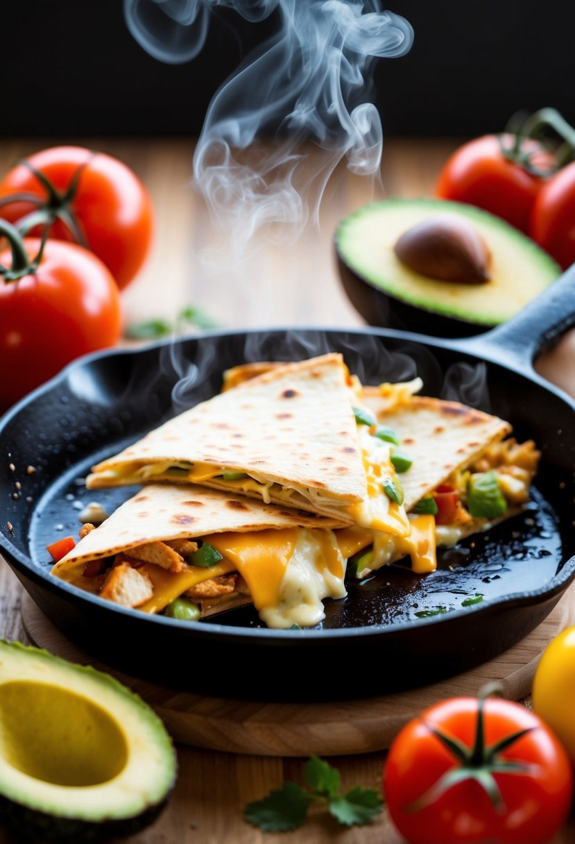 A sizzling skillet with a golden-brown chicken and cheese quesadilla, steam rising, surrounded by colorful ingredients like tomatoes and avocados