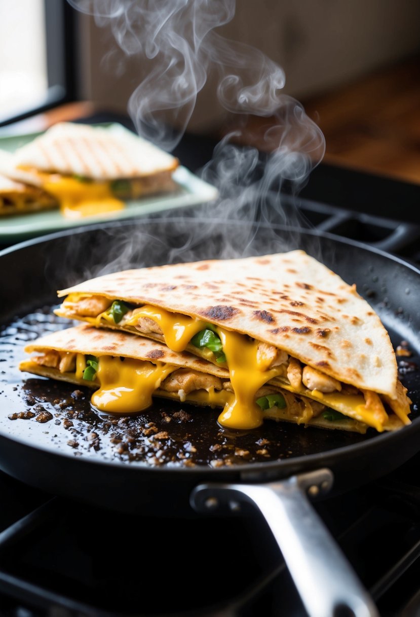 A sizzling grilled chicken quesadilla on a hot skillet, with steam rising and melted cheese oozing out