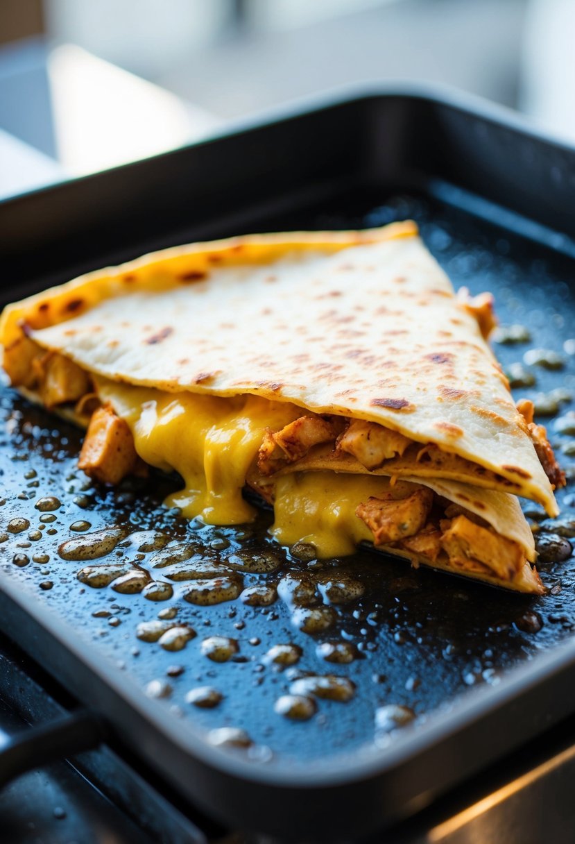 A sizzling Chipotle Chicken Quesadilla on a hot griddle with bubbling cheese and chunks of seasoned chicken