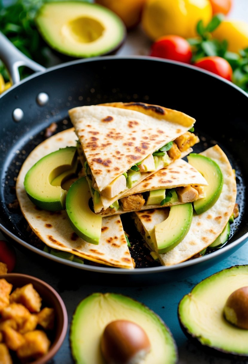 A sizzling skillet with a golden-brown quesadilla filled with chunks of chicken and creamy slices of avocado, surrounded by colorful ingredients