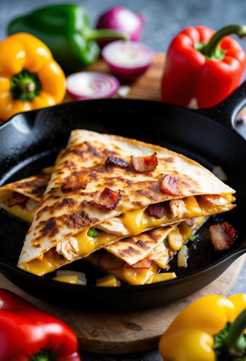 A sizzling skillet with a golden brown bacon and chicken quesadilla, topped with melted cheese and surrounded by colorful peppers and onions