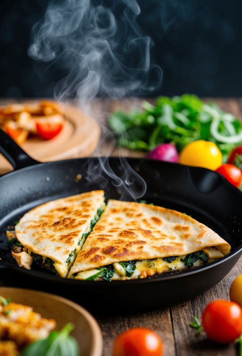 A sizzling skillet with a golden-brown chicken and spinach quesadilla, steam rising, surrounded by colorful ingredients