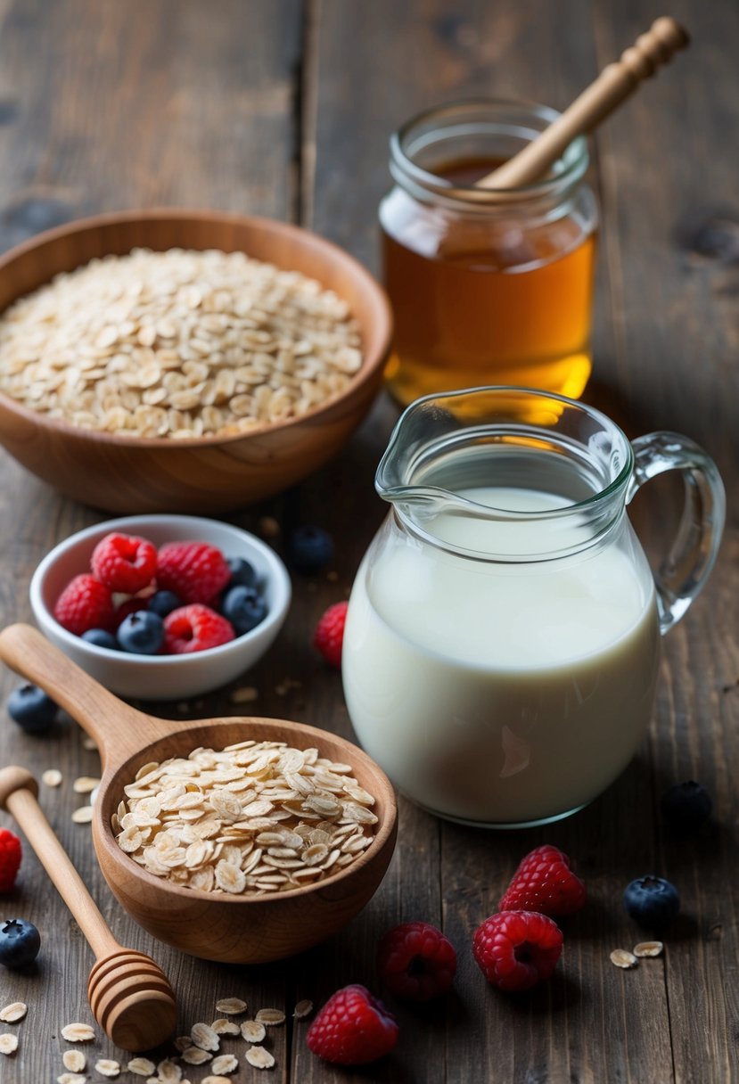 A wooden table with a bowl of oats, a jar of honey, a pitcher of milk, and a scattering of fresh berries