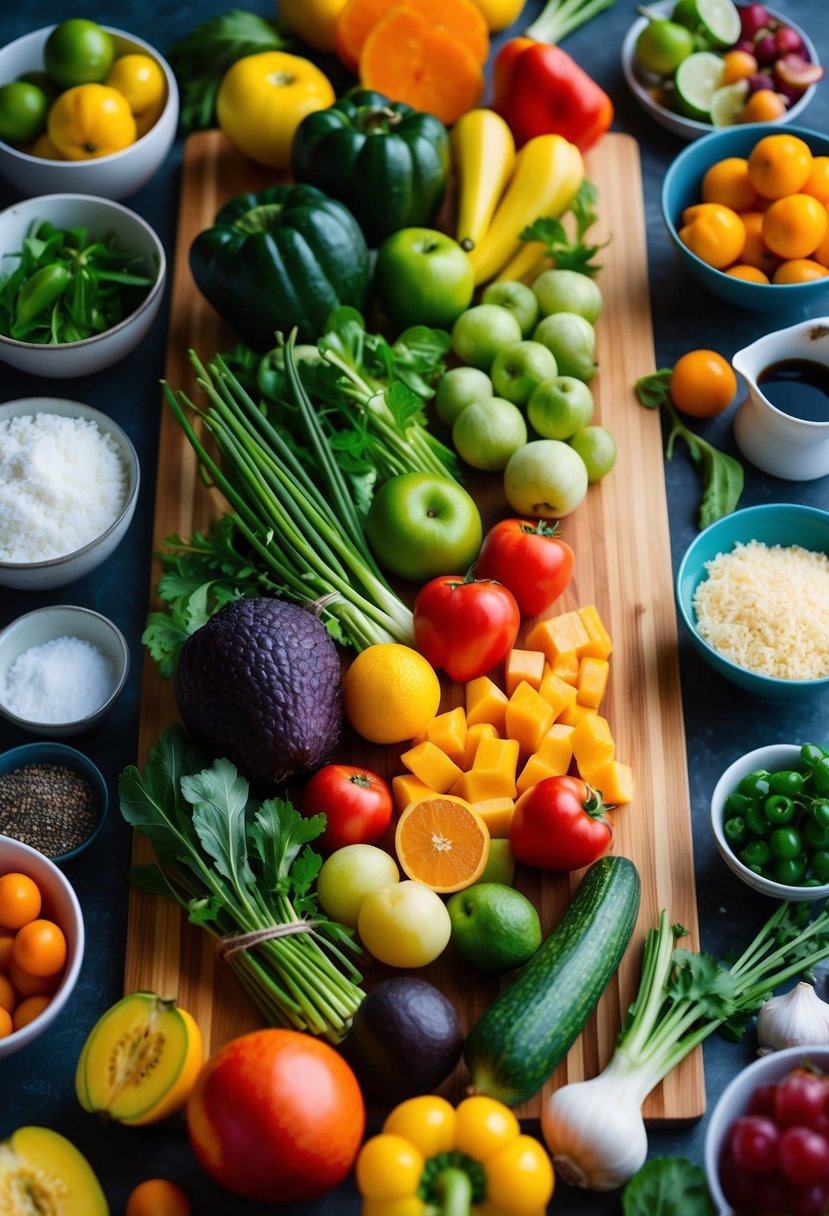 A colorful array of fresh fruits and vegetables arranged on a wooden cutting board, surrounded by various cooking utensils and ingredients