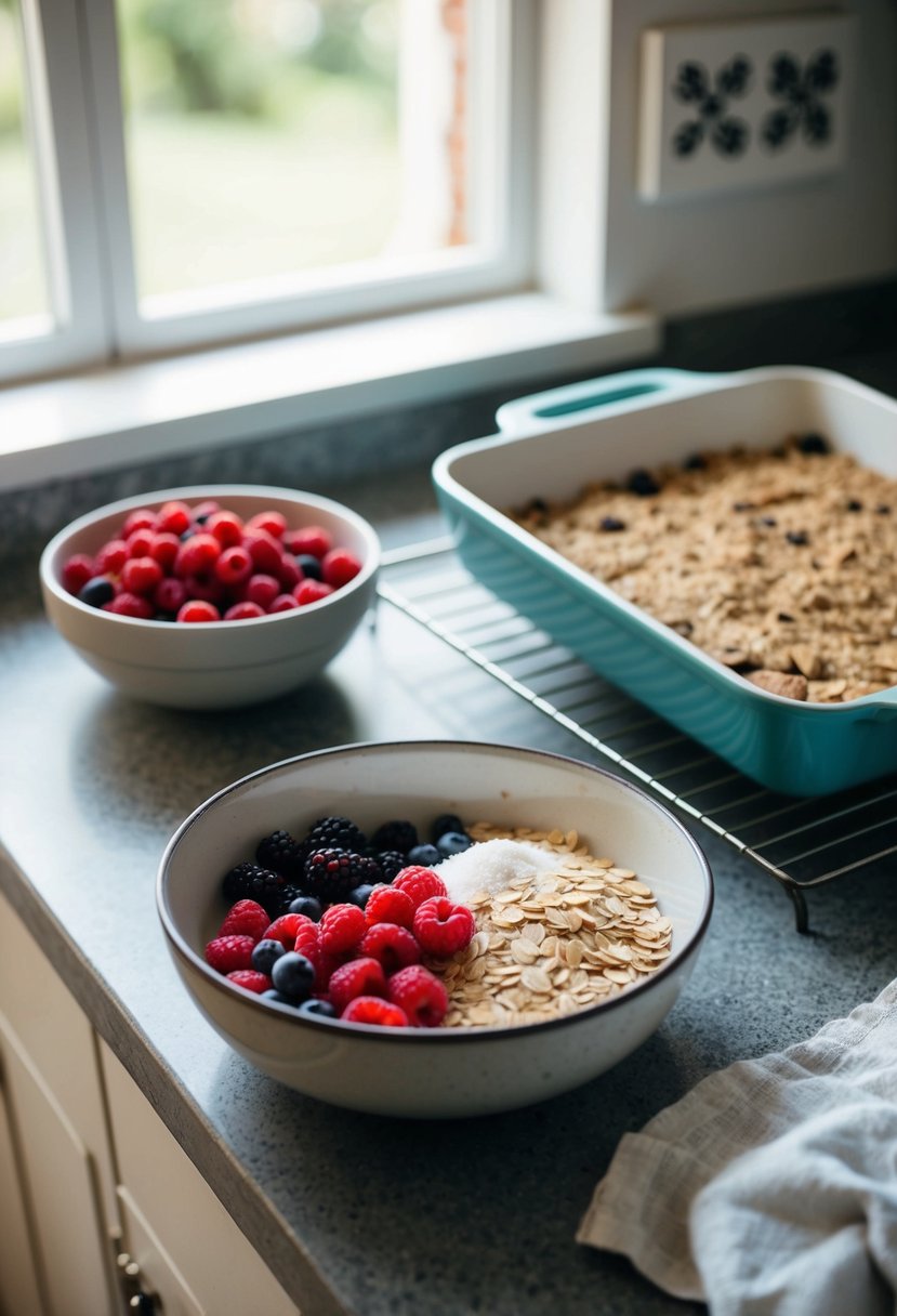 A rustic kitchen counter with a mixing bowl filled with oats, fresh berries, and other baking ingredients, alongside a baking dish ready to be filled and placed in the oven