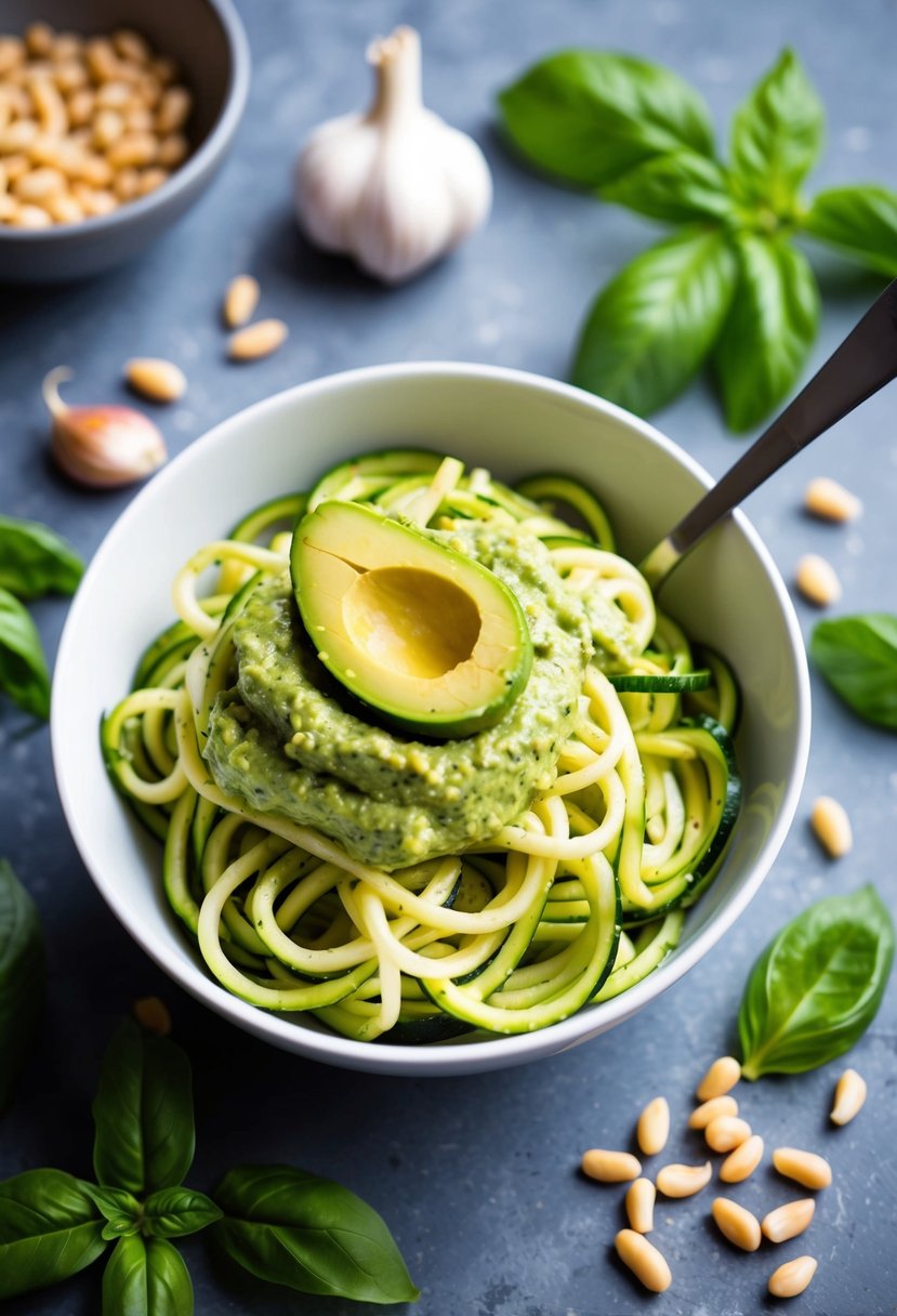 A bowl of zucchini noodles topped with creamy avocado pesto, surrounded by fresh ingredients like basil, garlic, and pine nuts