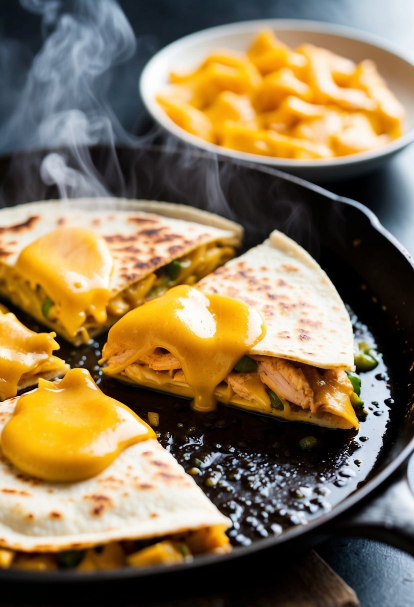 A sizzling honey mustard chicken quesadilla being cooked on a hot skillet, with steam rising and the cheese melting