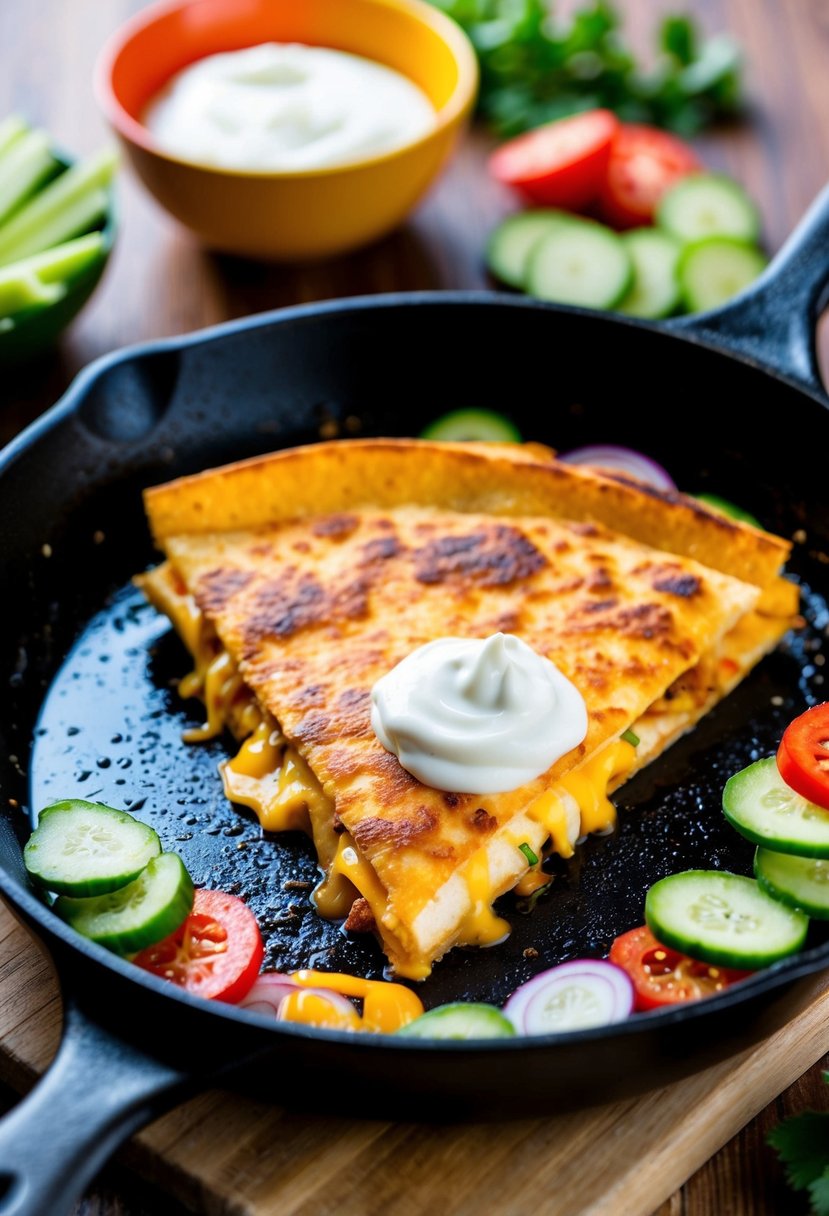 A sizzling skillet with a golden-brown cheesy chicken quesadilla, surrounded by colorful sliced vegetables and a dollop of sour cream