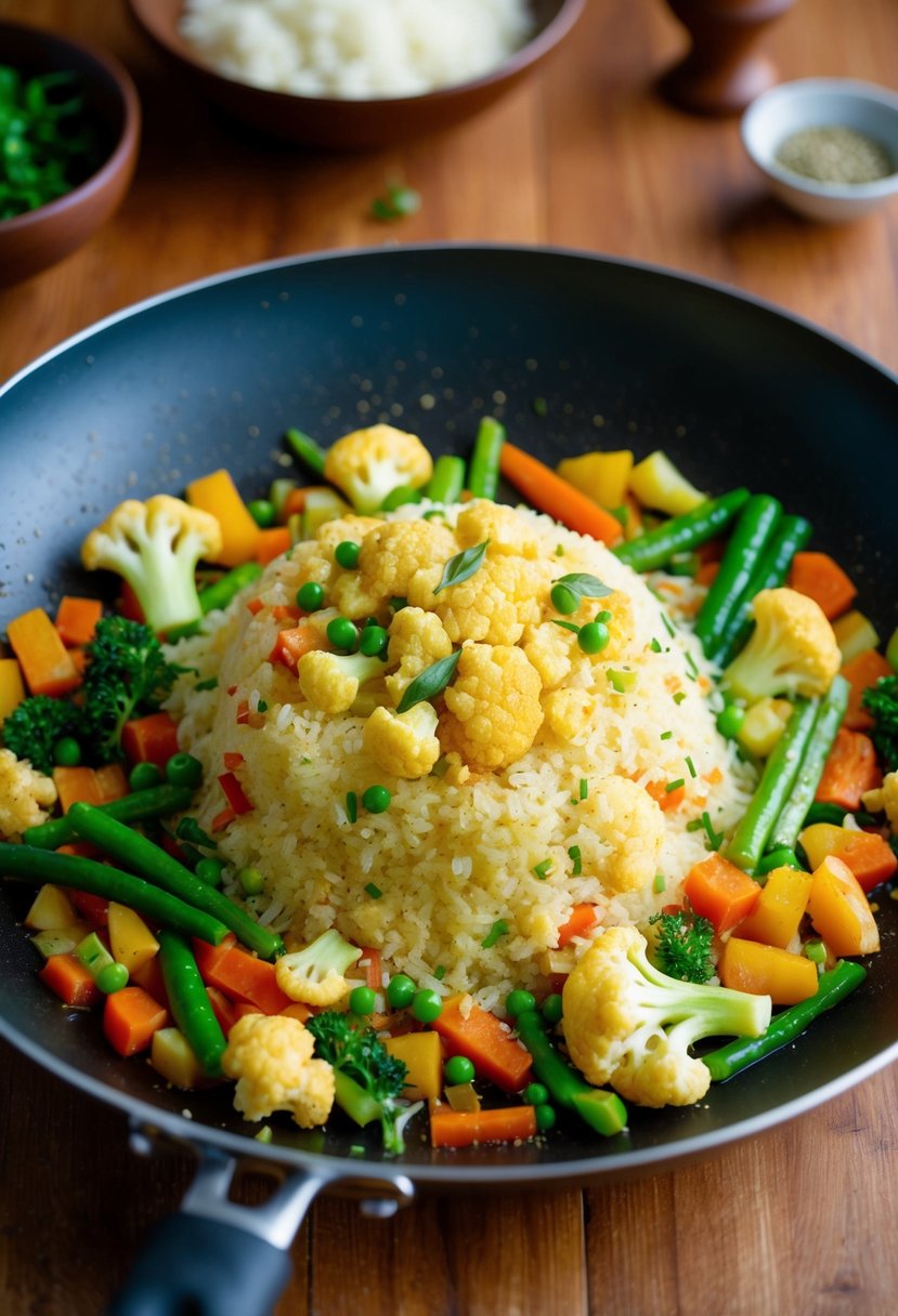 A sizzling pan of colorful vegetables and cauliflower rice being stir-fried with aromatic spices